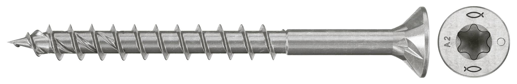 Metallschraube mit sternförmigem Torx-Antrieb, in Seitenansicht auf weißem Hintergrund dargestellt.