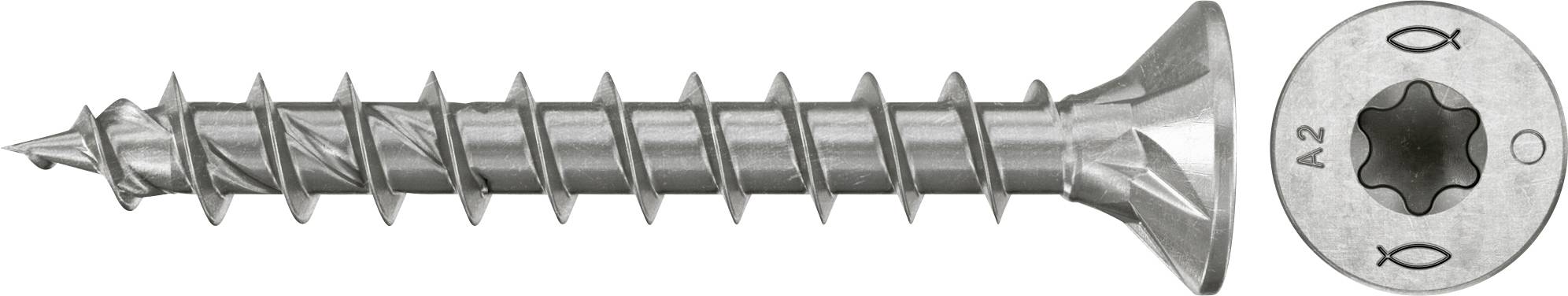 Silberne Schraube mit Senkkopf und Torx-Antrieb, in Seitenansicht dargestellt mit einer Nahaufnahme des Schraubenkopfes auf der rechten Seite.