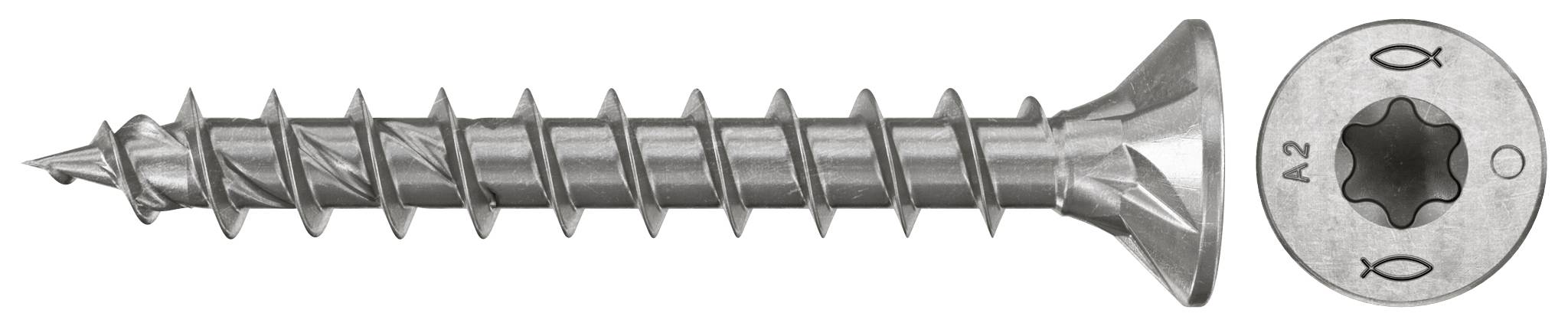 Silberschraube mit Senkkopf, dargestellt in Seiten- und Draufsicht, mit Torx-ähnlichem Sternantrieb gekennzeichnet A2.