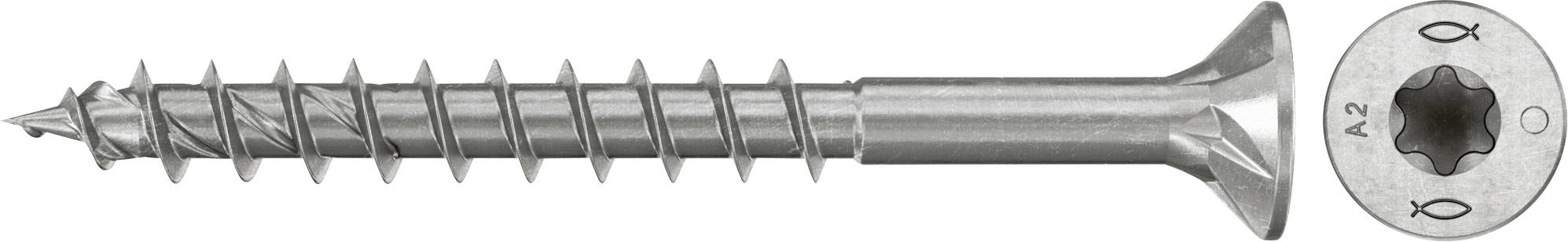 Nahaufnahme einer silbernen Schraube mit scharfer Spitze und Senkkopf, von der Seite und von oben gezeigt, um ihr sternförmiges Antriebsloch zu unterstreichen.