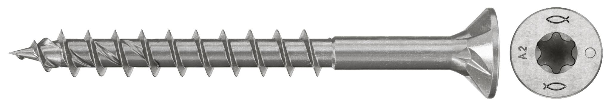Eine Metallschraube in Seitenansicht mit einem eingefügten Detail des passenden Stern-Antriebskopfes, das die Gewindeschaft und das Antriebsmuster hervorhebt.