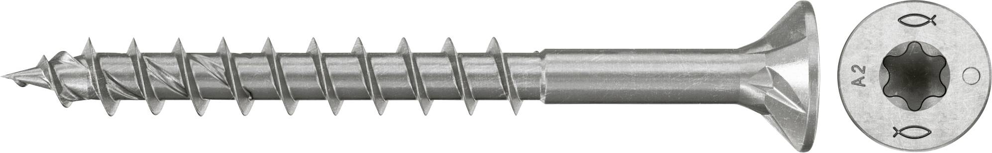 Eine Metallschraube mit scharfem Gewellschaftschaft und flachem Kopf, gezeigt von der Seite und von oben, um ihre Form hervorzuheben.