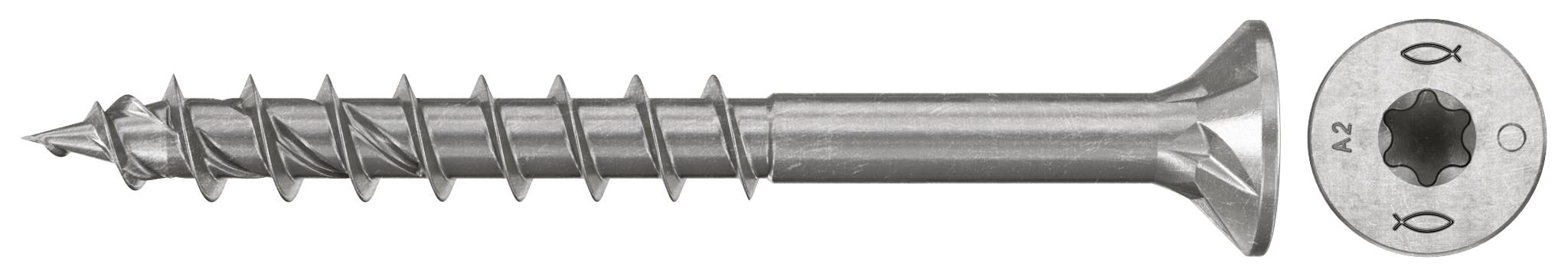 Eine Metallschraube mit versenktem Kopf in der Seitenansicht, zusammen mit einer Nahaufnahme des Antriebskopfes.