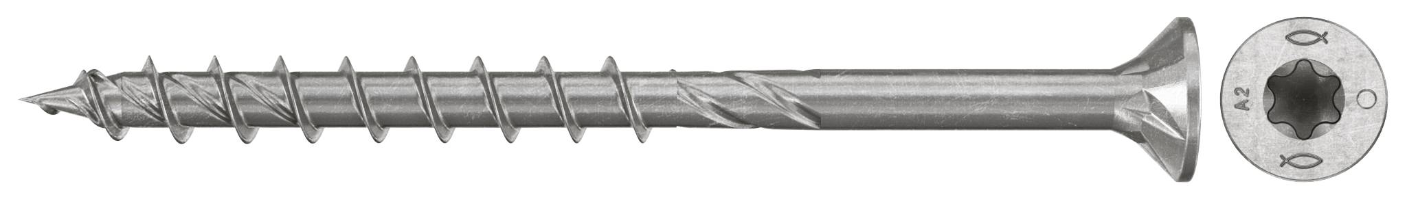 Metallschraube mit langem Gewinde und flachem Kopf, horizontal dargestellt mit einer Nahaufnahme der Torx-Antriebsvertiefung.