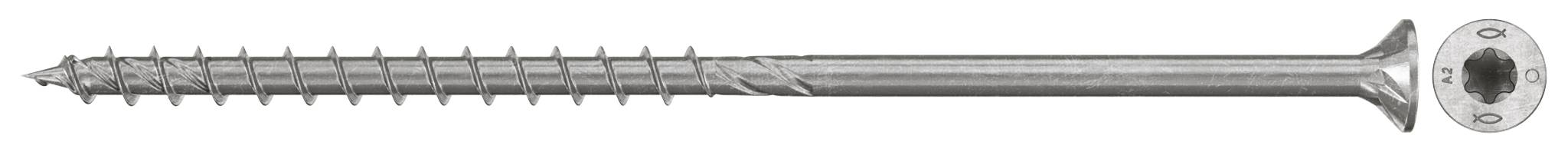 Eine Metallschraube mit einem flachen, runden Kopf, horizontal auf weißem Hintergrund dargestellt.