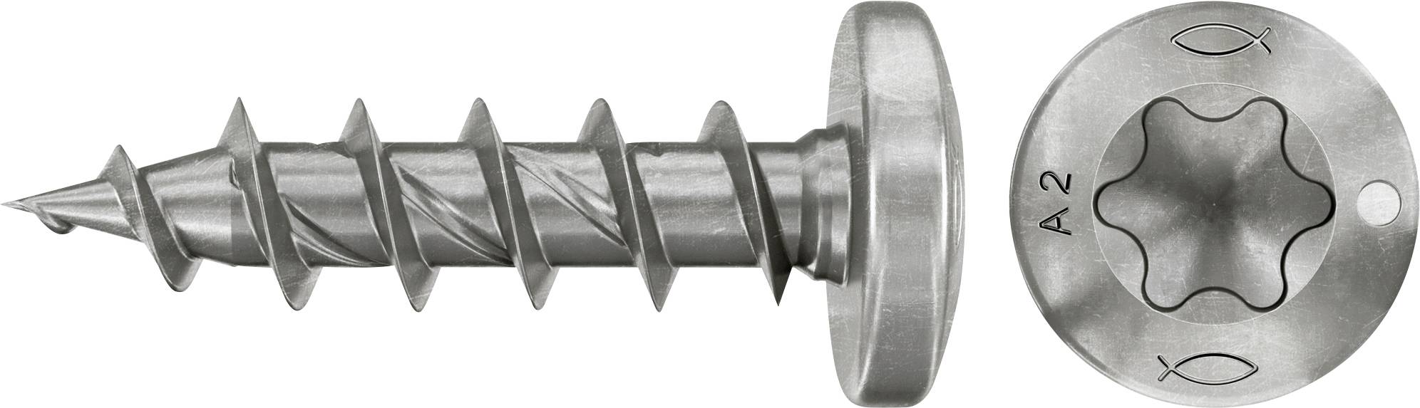 Metallschraube mit großem Unterlegscheiben-Kopf in Seiten- und Draufsicht, mit sternförmigem Torx-Antrieb gekennzeichnet A2.