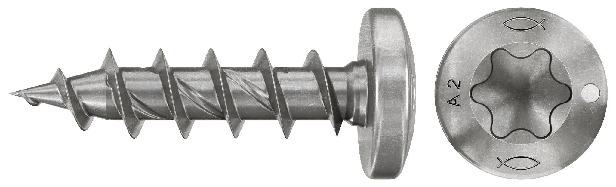 Nahaufnahme einer Metallschraube mit großem Kopf, von der Seite und von oben gezeigt, mit Torx-Antrieb in Sternform und Kennzeichnung „A2