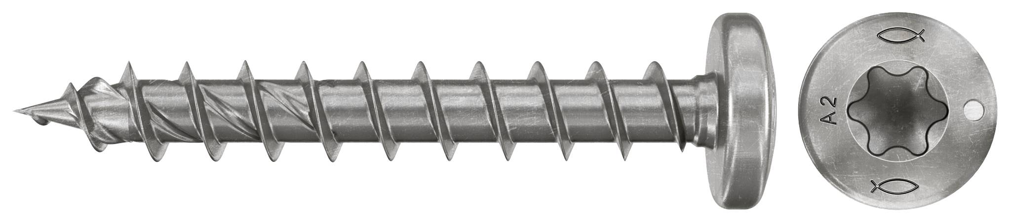 Ein Metallschraubbefestiger mit Unterlegscheibenkopf und sternförmigem Antrieb, dargestellt in Seitenansicht und Nahaufnahme des Kopfes.