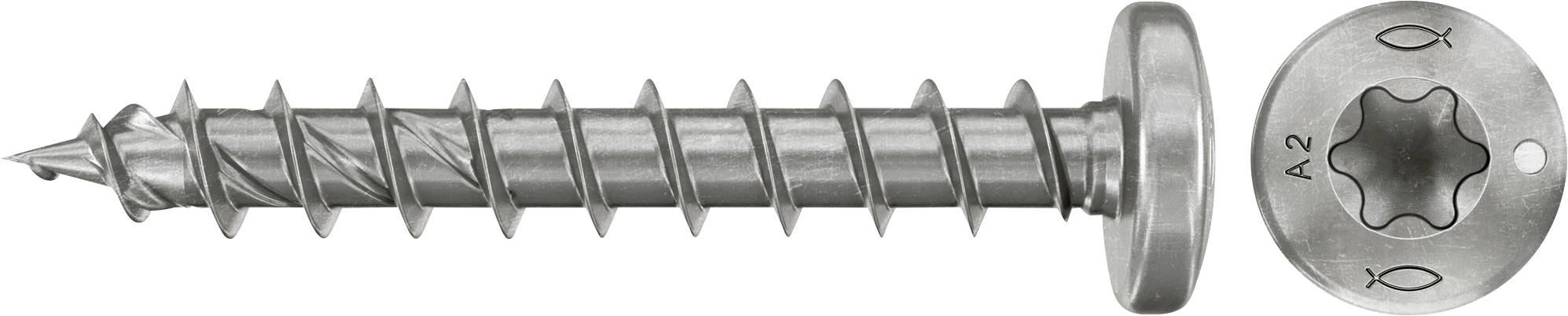 Metallschraube mit großem Unterlegscheiben-förmigem Kopf, dargestellt in Seitenansicht und Kopfdetail, mit sternförmigem Torx-Antrieb mit der Bezeichnung A2.