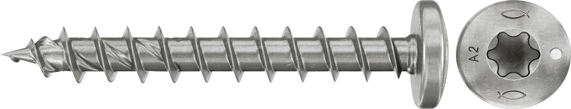 Nahaufnahme einer Metallschraube mit großem flachem Unterlegscheibenkopf und sternförmigem Antrieb, dargestellt in Seiten- und Draufsichten.