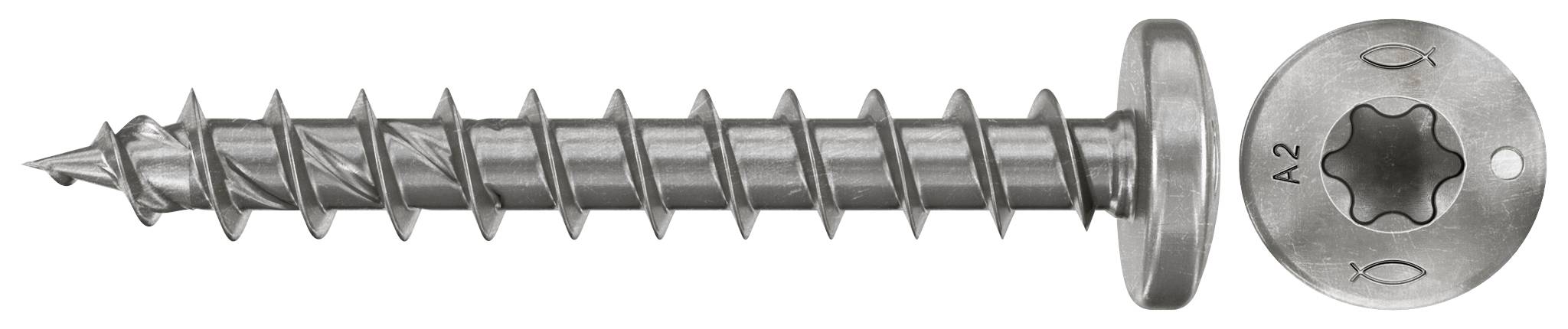 Eine silberne Metallschraube mit spitzer Spitze und Unterlegscheibenkopf, von der Seite und in nahaufnahme frontalansicht gezeigt.