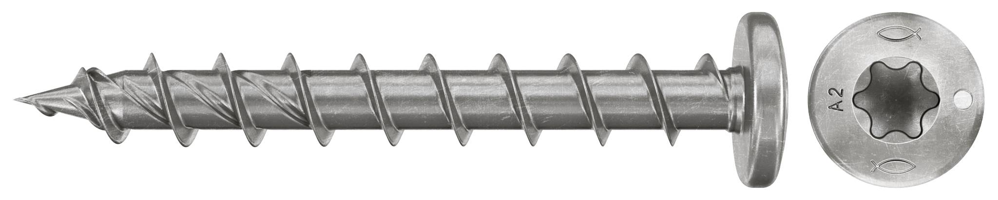 Metallschraube mit groben Gewinden und rundem Kopf, dargestellt in Seiten- und Draufsicht.