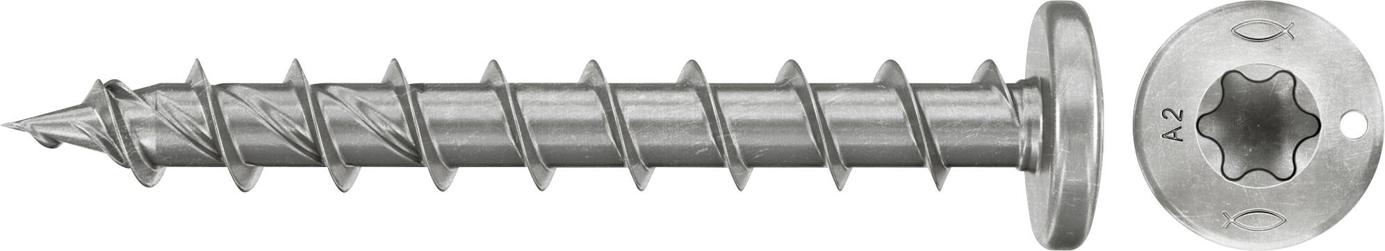 Metallschraube mit spitzer Spitze und breitem Kopf, dargestellt in Seitenansicht mit separater Nahaufnahme des Torx-Antriebskopfs mit der Bezeichnung A2.
