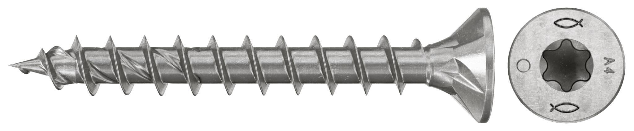 Metallschraube mit flachem Senkkopf und Torx-Antrieb, dargestellt in Seitenansicht mit einer Nahaufnahme des Kopfes.