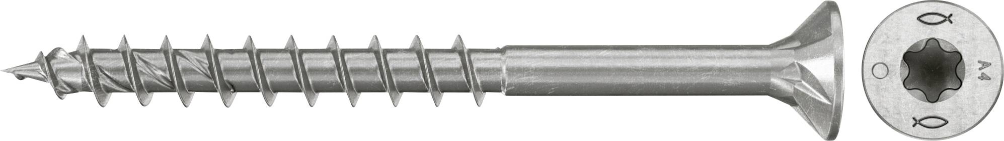 Metallschraube mit groben Gewinden und Sternantrieb-Kopf in Seitenansicht, zusammen mit einer Nahaufnahme des Schraubenkopfes.