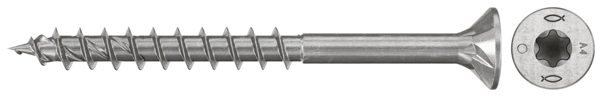 Metallschraube mit flachem Kopf in Seitenansicht gezeigt, mit einer Vergrößerung der sternförmigen Antriebsausnehmung auf der rechten Seite sichtbar.
