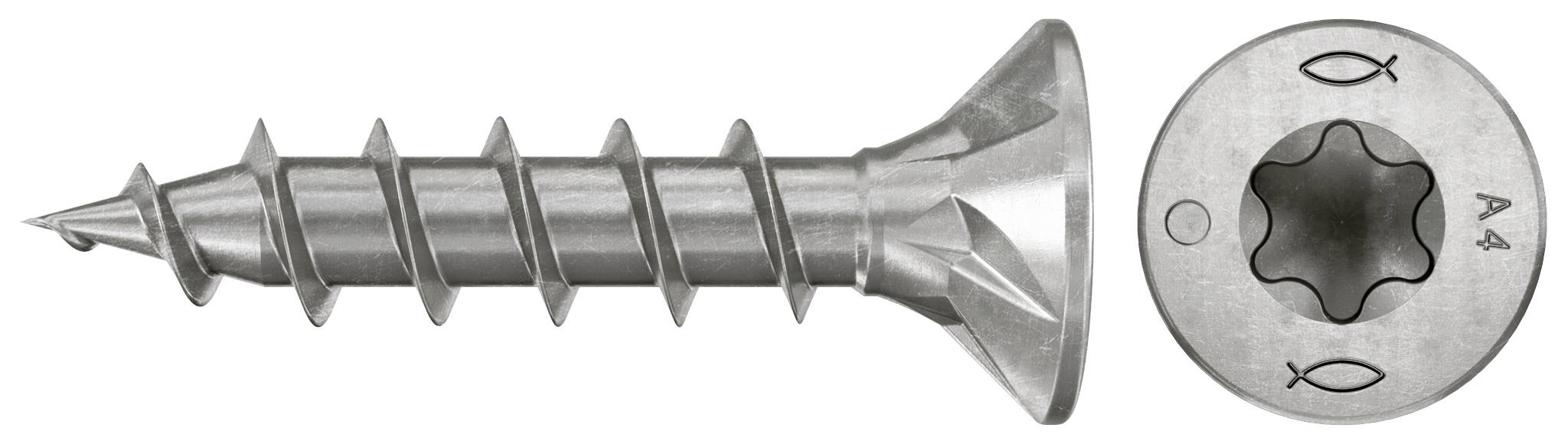 Metallschraube mit spitzer Spitze und Senkkopf, dargestellt in Seiten- und Draufsicht, gekennzeichnet mit A4.