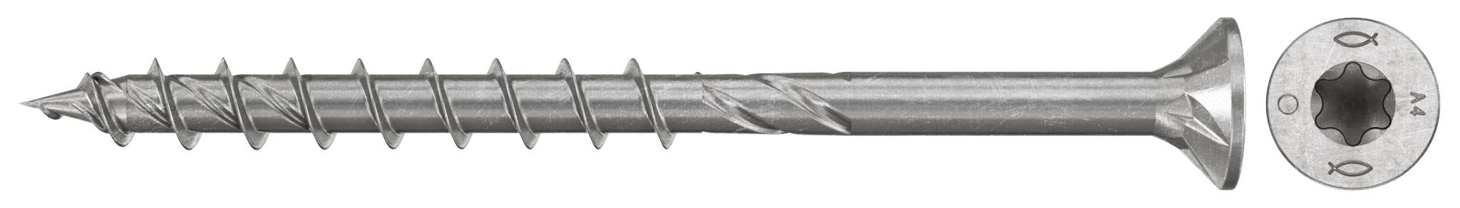 Eine lange silberne Schraube mit sechskantigen/Stern-Antrieb und groben Gewinden, gezeigt neben einer Nahaufnahme ihres Kopfendes.