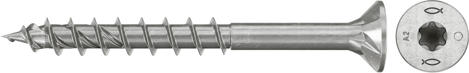 Eine Metallschraube mit Senkkopf und Kreuzschlitz-Antrieb, dargestellt in Seitenansicht neben einer Nahaufnahme des Schraubenkopfs.