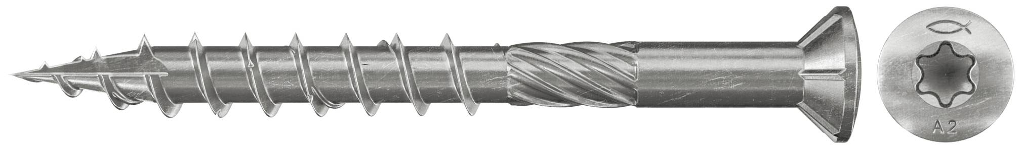 Metallschraube mit scharfer Spitze und breitem flachem Kopf, dargestellt neben einem Torx-Antriebsbit.