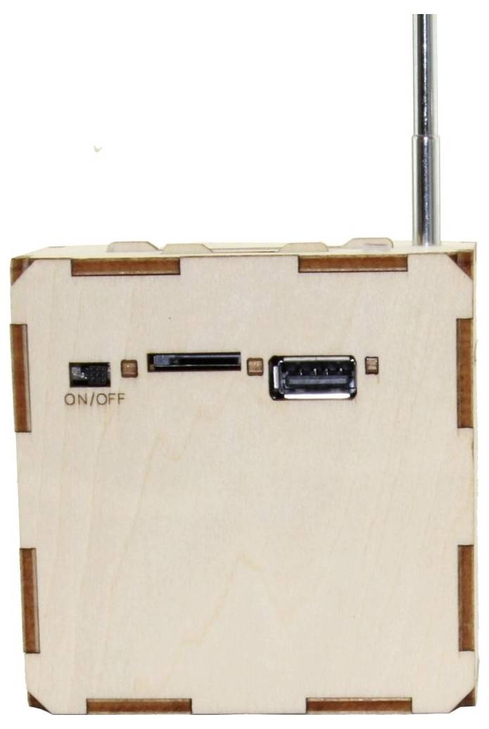 Kleines Holz-Elektronikgerät mit einem EIN-/AUS-Schalter, USB-Anschlüssen und einer vertikalen Antenne oben.