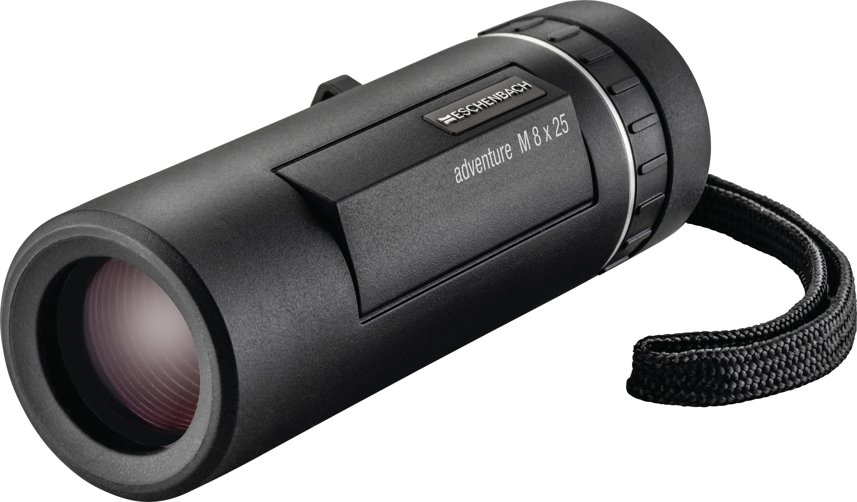 Schwarzes tragbares Monokulares Teleskop mit Handgelenkschlaufe, bezeichnet als „adventure M 8 x 25