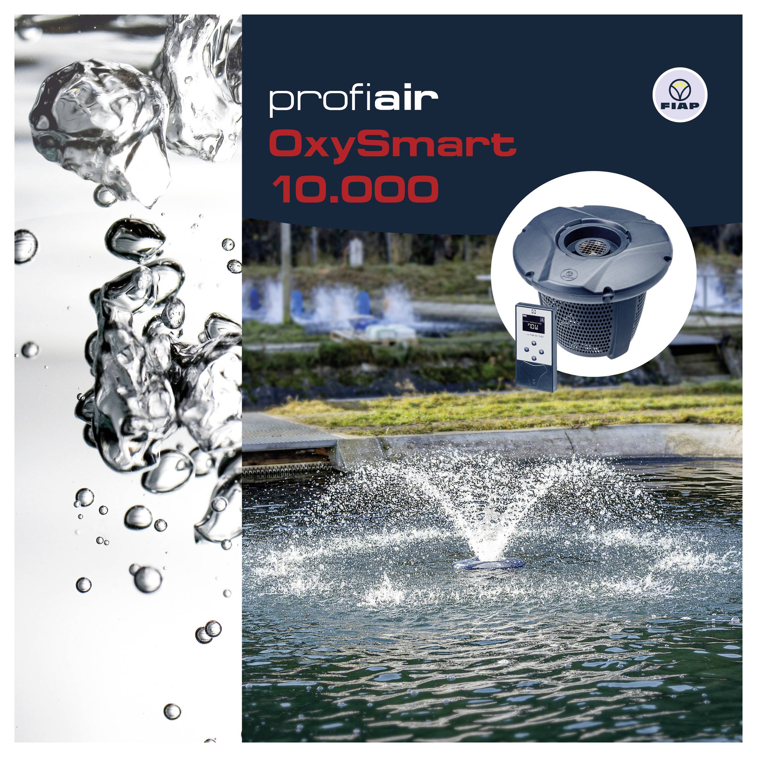 Anzeige für das Tebelüftungssystem 'profi air OxySmart 10.000', das einen Wasserfontäne und das Belüftungsgerät mit Steuereinheit zeigt.