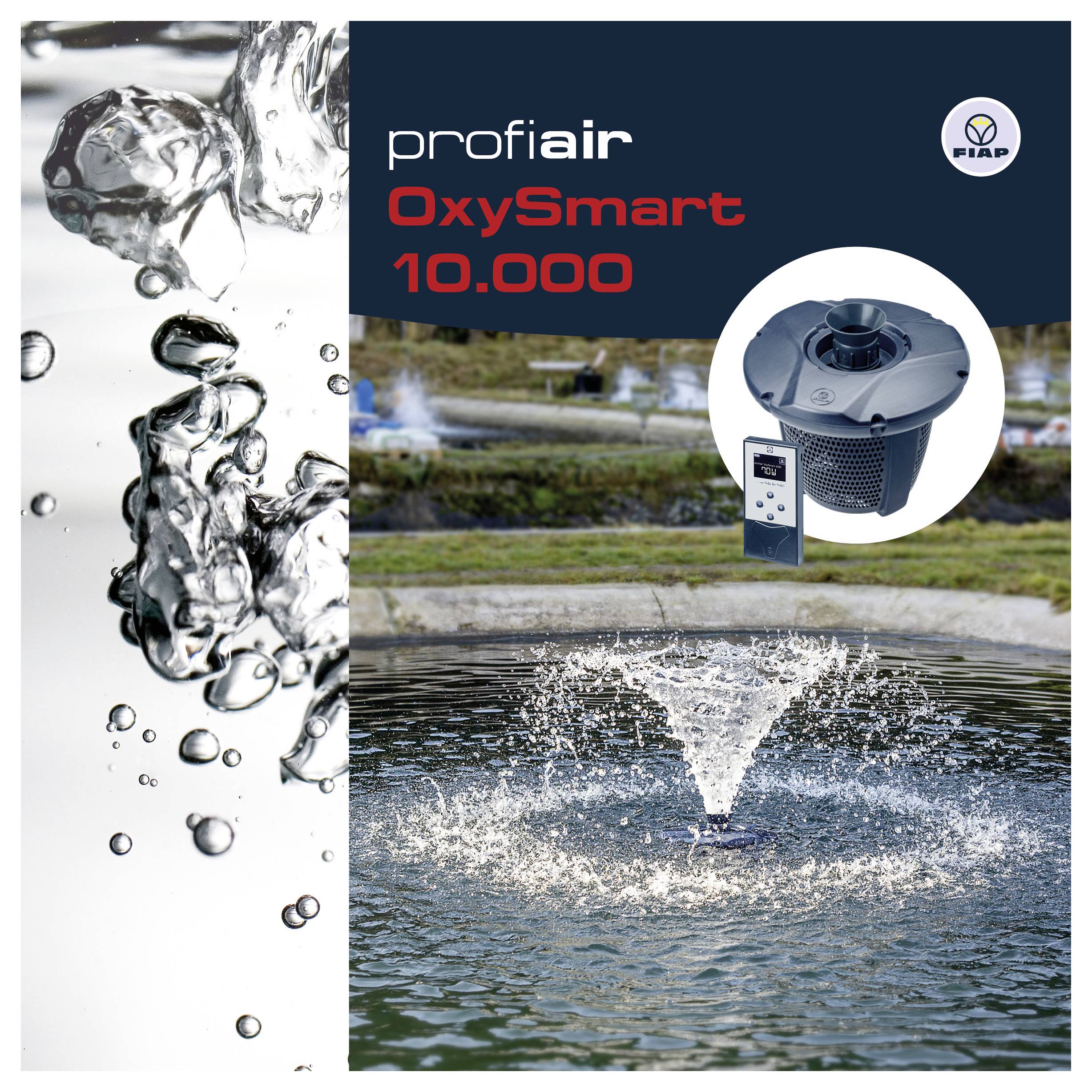 Bewerbungsgrafik für profiair OxySmart 10.000, zeigt eine Wasserlüftungsfontäne und eine Pumpenkontrolleinheit mit Wasserspritzer-Design.
