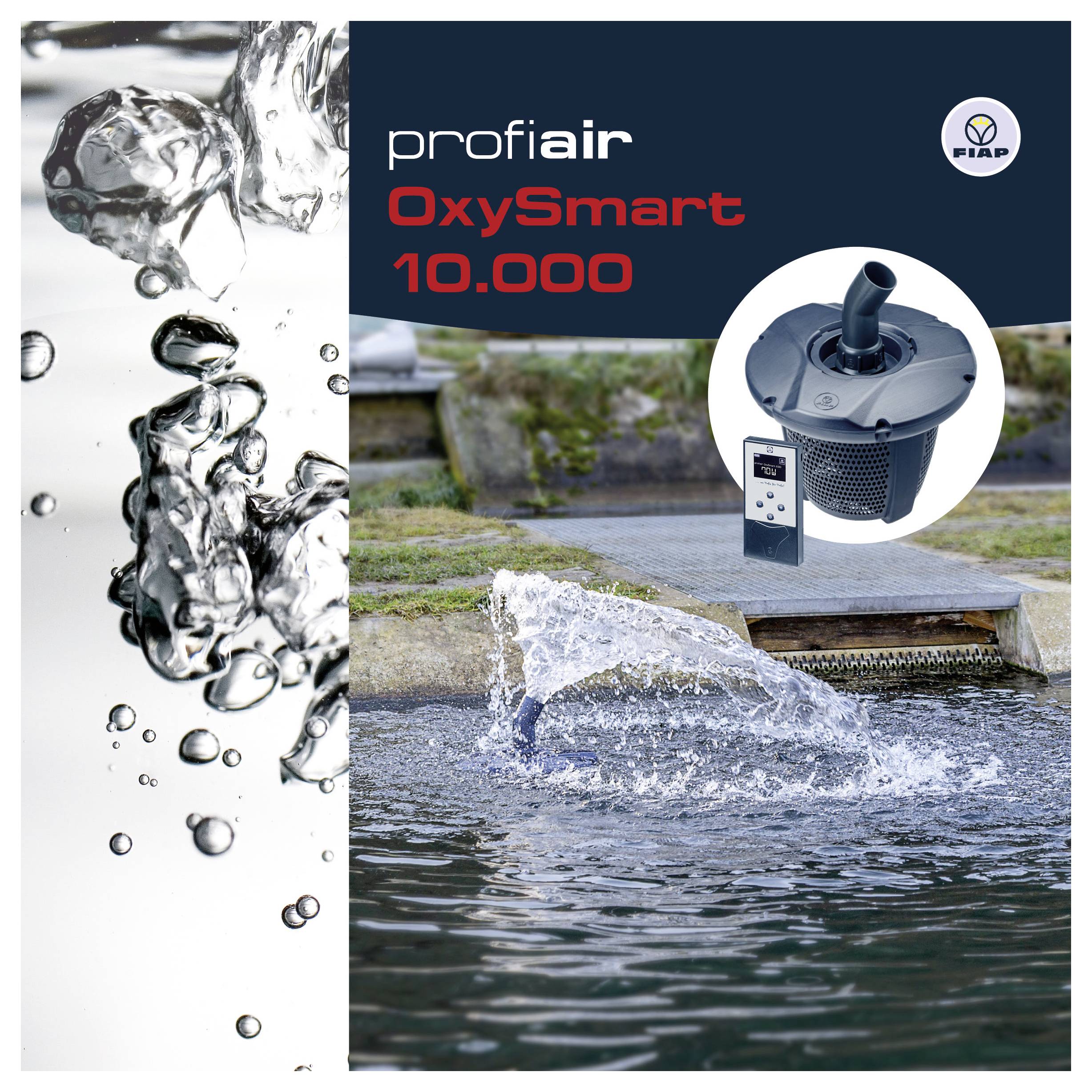 Werbebild für profair OxySmart 10.000, das einen schwebenden Teichbelüfter mit Wasserspray zeigt, mit einer Produktansicht und FIAP-Logo.