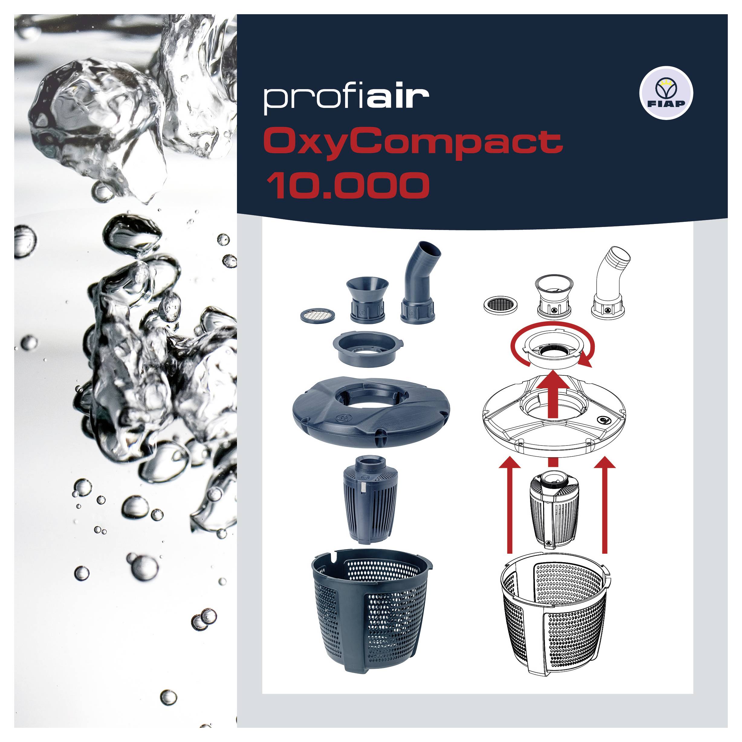 ProfiAir OxyCompact 10.000 Produktplakat mit einem Luftpumpensystem und Filterkomponenten, mit montierter und explodierter Ansicht sowie roten Pfeilen, die die Installationsreihenfolge anzeigen.