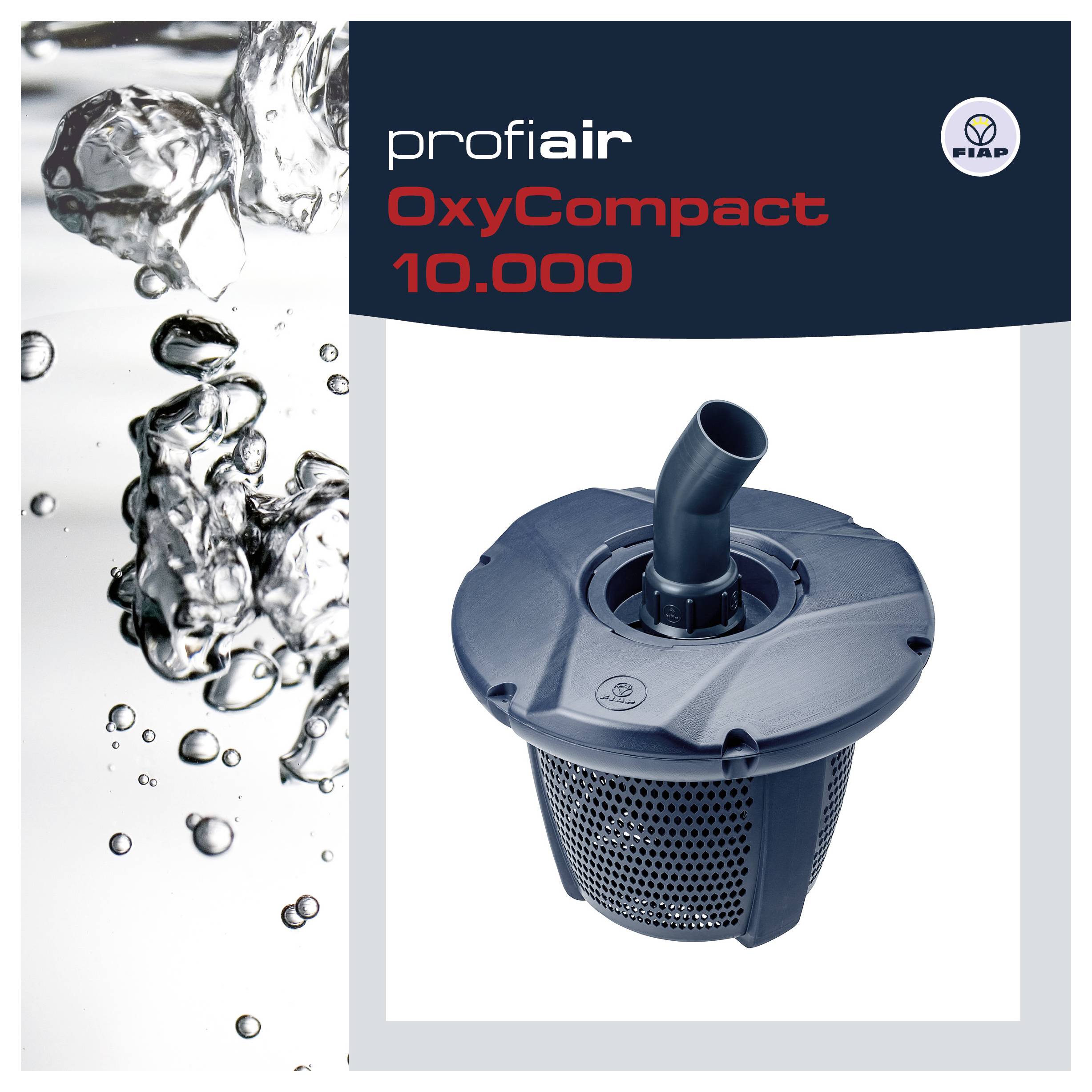 Werbebild für das profiair OxyCompact 10.000 Wasserbelüftungsgerät, das das Produkt vor weißem Hintergrund mit Wasserspritzern zeigt.