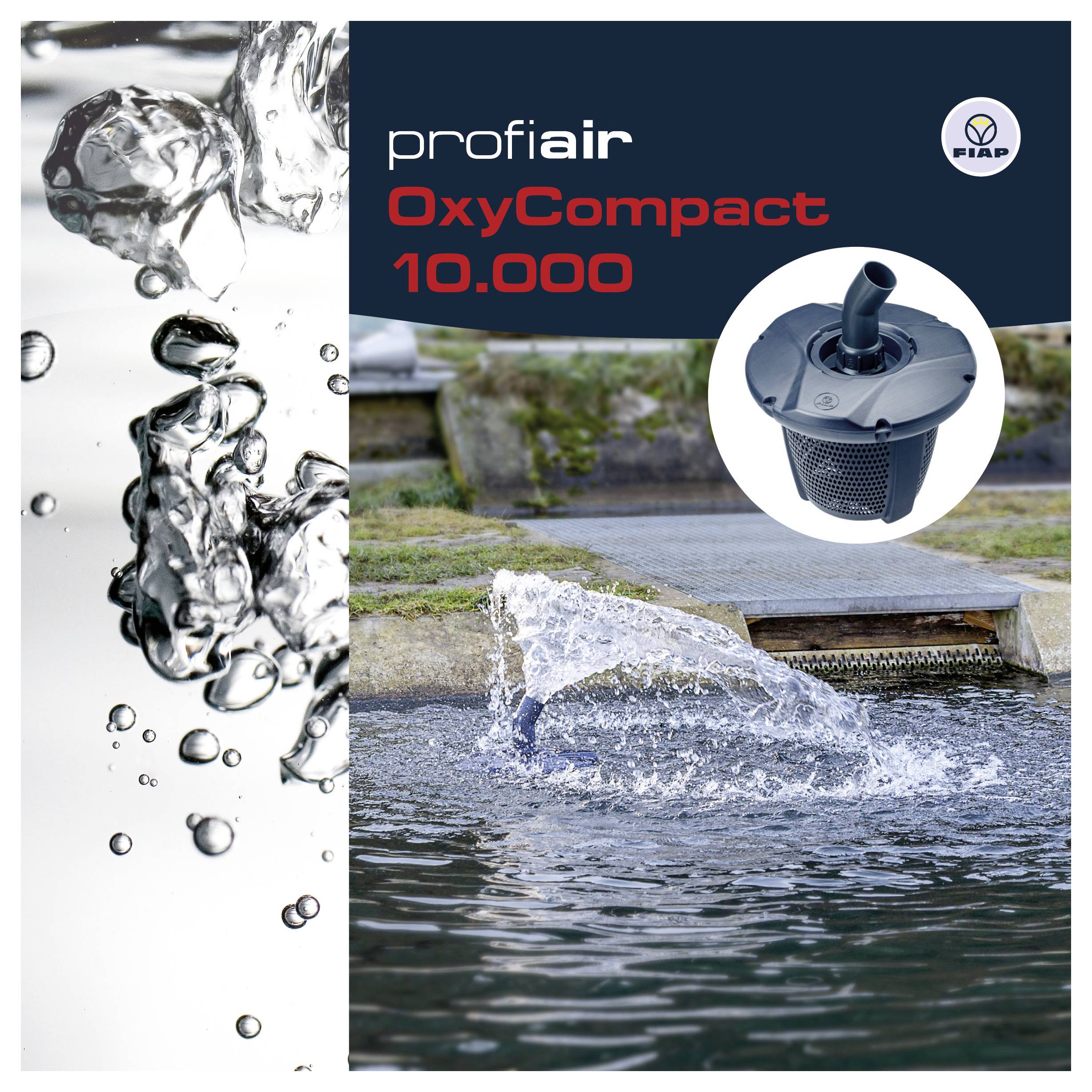 Werbebild für den profiair OxyCompact 10.000 Teichbelüfter, das ein schwimmendes Gerät zeigt, das Wasserspray und Blasen im Teich erzeugt, mit Produktabbildung und Logo.