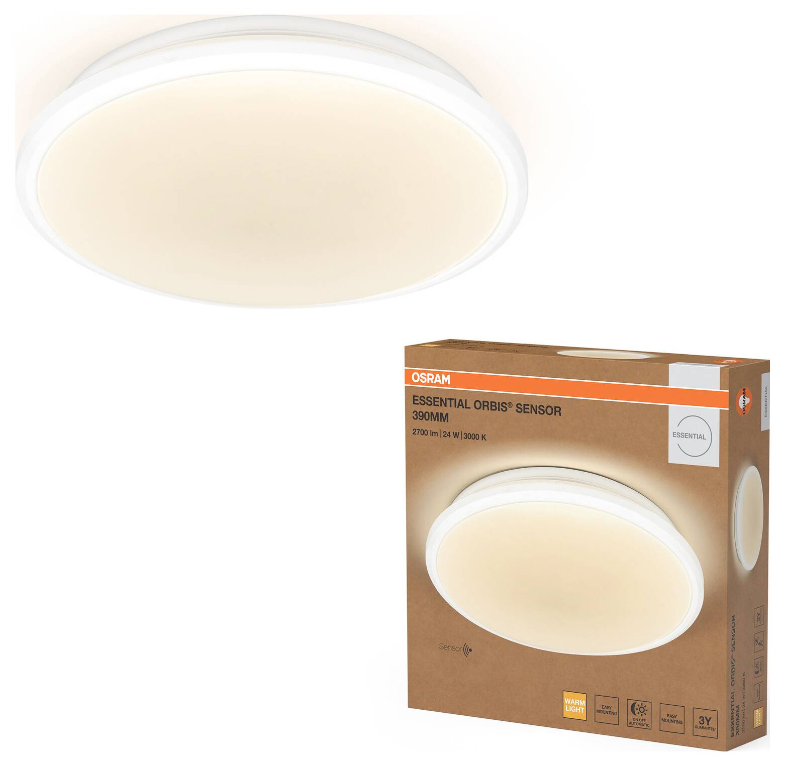 Produktbild einer OSRAM Essential Orbis Sensor-Deckenleuchte mit 390 mm Durchmesser, das die runde Leuchte in leuchtender Form über ihrer Einzelhandelsverpackung zeigt.