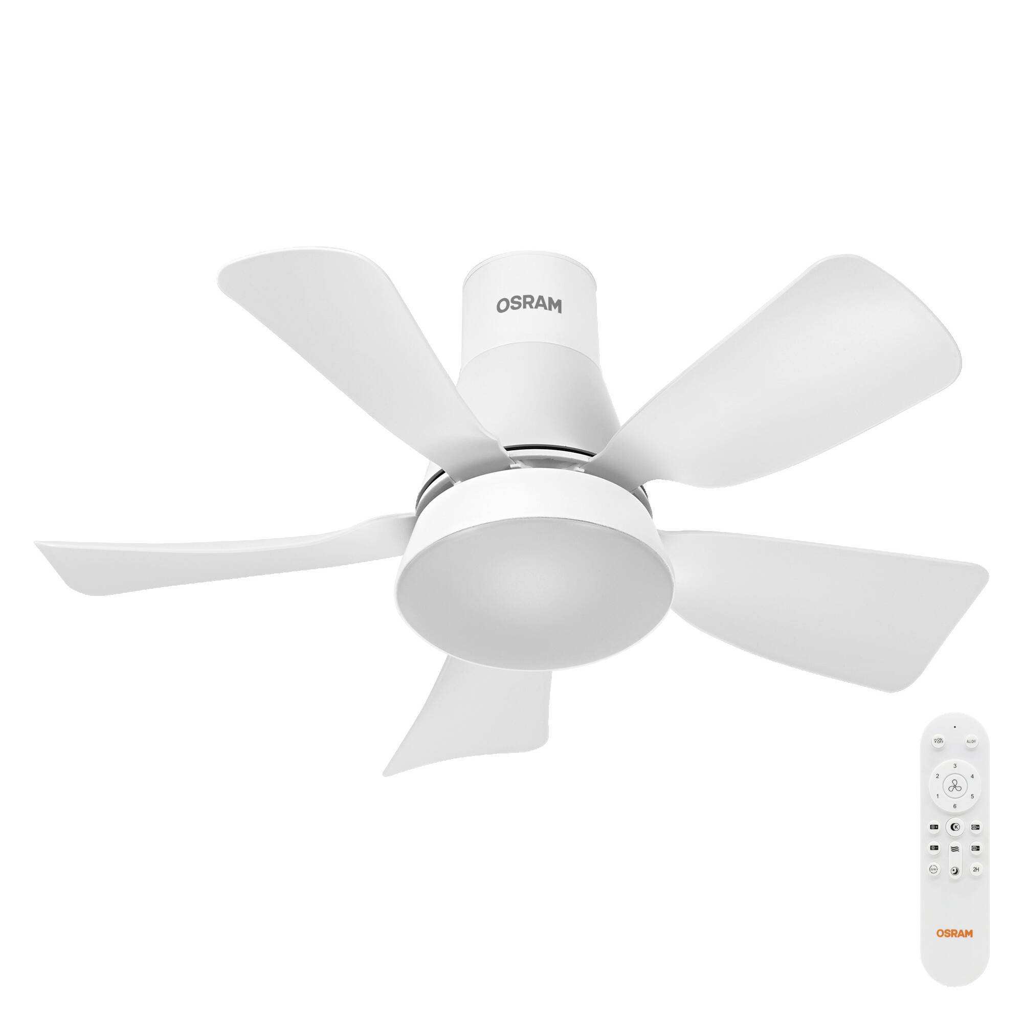 Weißer OSRAM Deckenventilator mit Licht und fünf Flügeln, dargestellt mit einer Fernbedienung auf einem schlichten weißen Hintergrund.