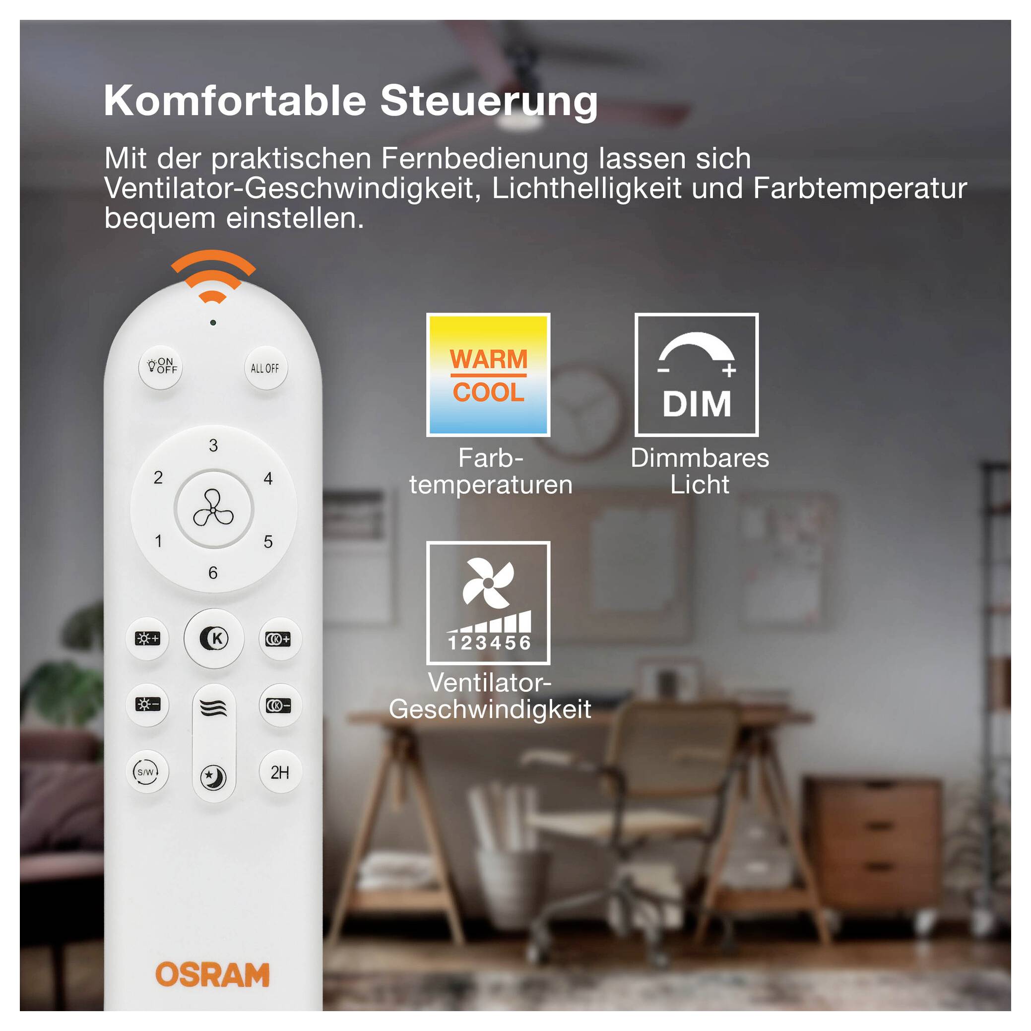 OSRAM Ventilator-Fernbedienung mit deutscher Anleitung, zeigt einstellbare Ventilatorgeschwindigkeit, Lichtdimmung und Farbtemperatur-Einstellungen 'WARM'/'COOL'.