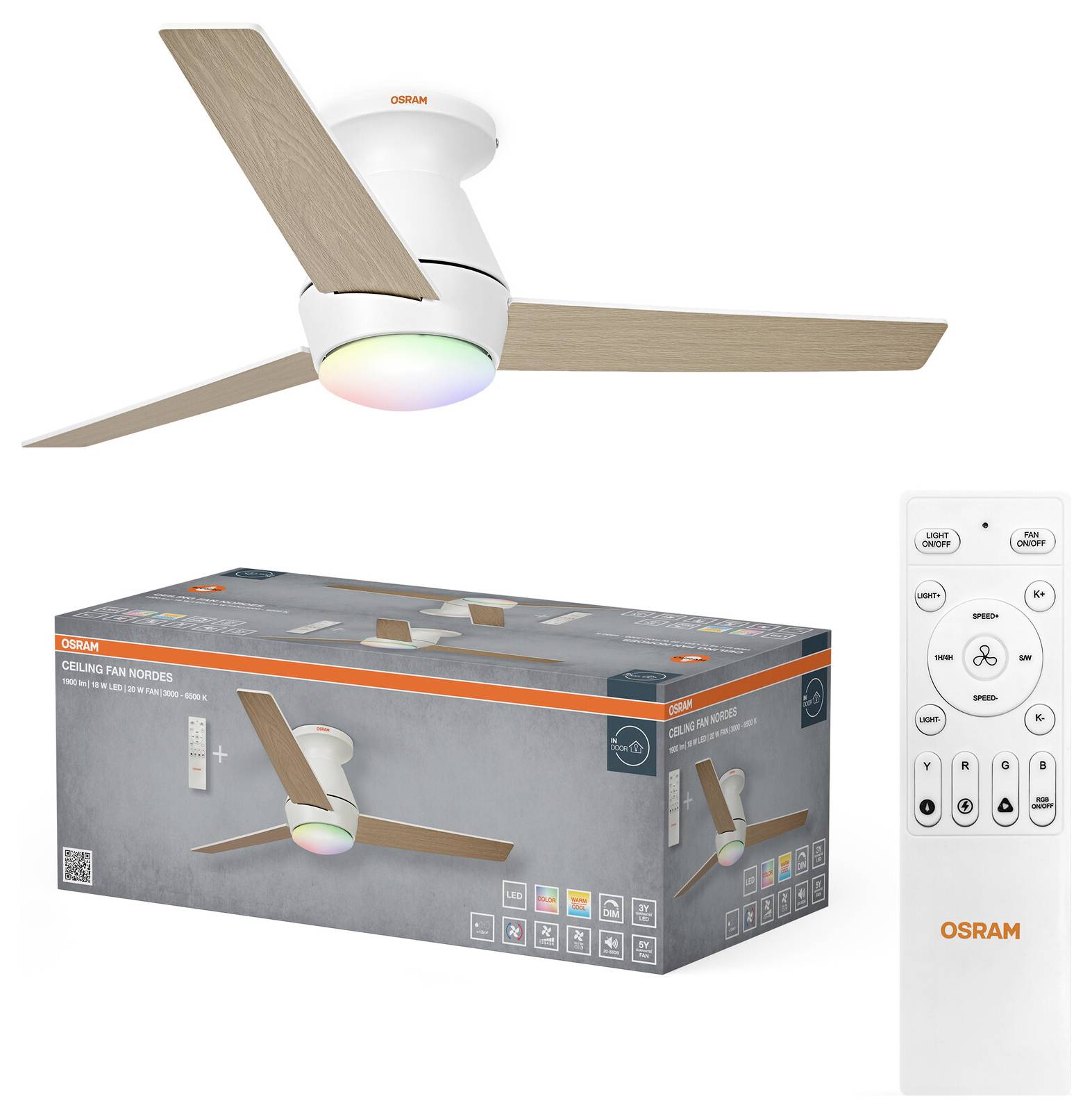 OSRAM HOMELIGHTING Ceiling Fan Nordes 1065mm 38W CCT RGB Deckenventilator 38W (Ø) 1065mm mit Beleuchtung, mit Fernbedienung