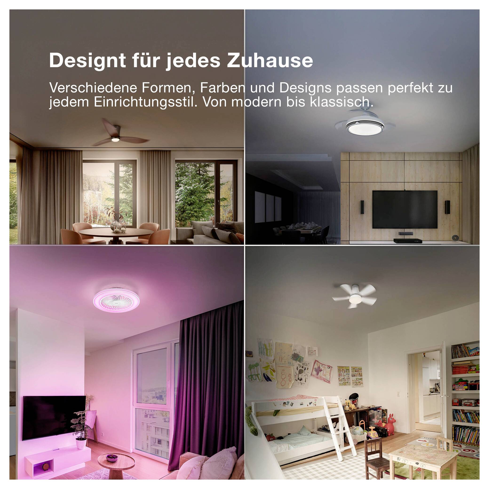 Deutsche Promo-Collage von Deckenleuchten in vier verschiedenen Räumen, mit dem Text „Design für jedes Zuhause