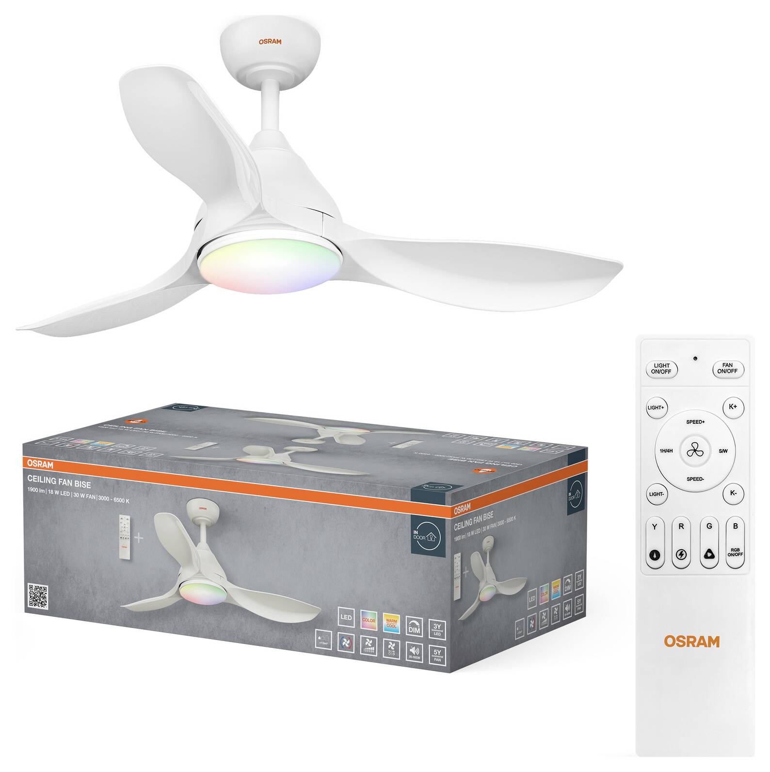 OSRAM HOMELIGHTING Ceiling Fan Bise 1065mm 48W CCT RGB Deckenventilator 48W (Ø) 1065mm mit Beleuchtung, mit Fernbedienung