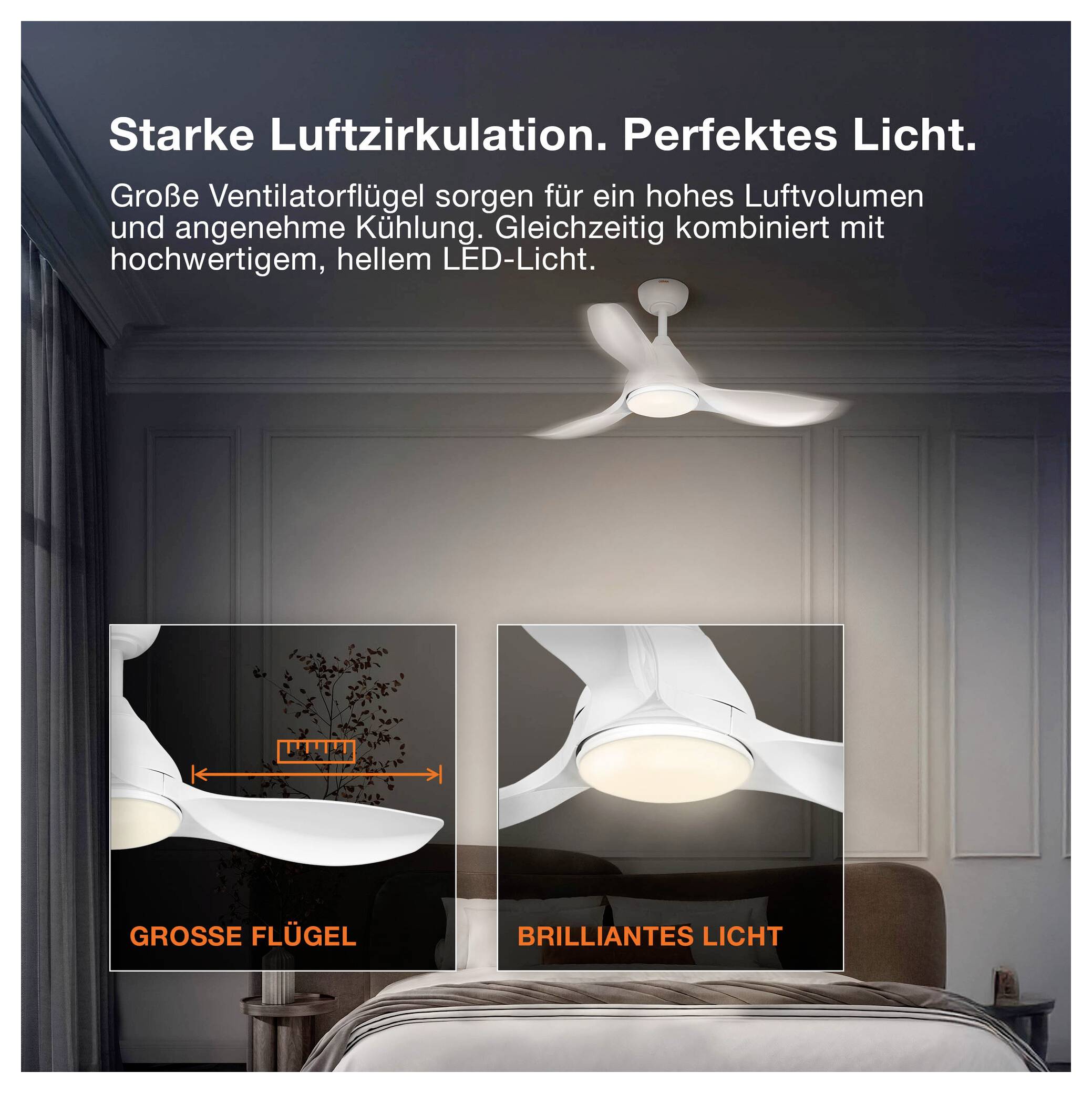 Anzeige für einen weißen Deckenventilator mit LED-Licht im Schlafzimmer, der starke Luftzirkulation, große Flügel und helle Ausleuchtung hervorhebt; Text lautet „Starke Luftzirkulation. Perfektes Licht.