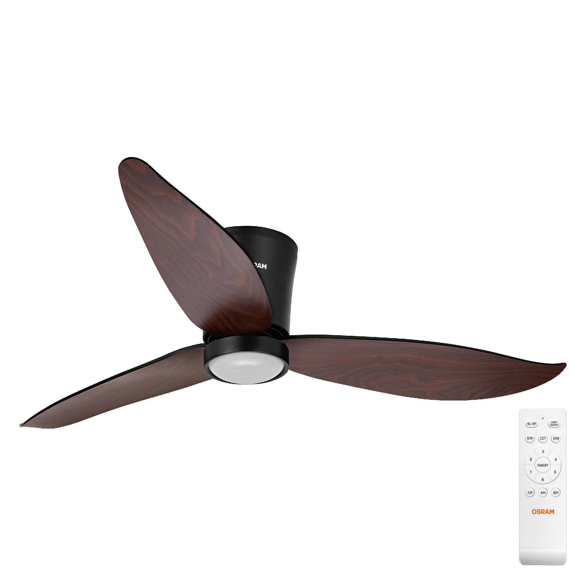 Deckenventilator mit drei Blättern, dunkelholzmaserung auf den Blättern und schwarzer Motor, gezeigt mit einer weißen Fernbedienung.