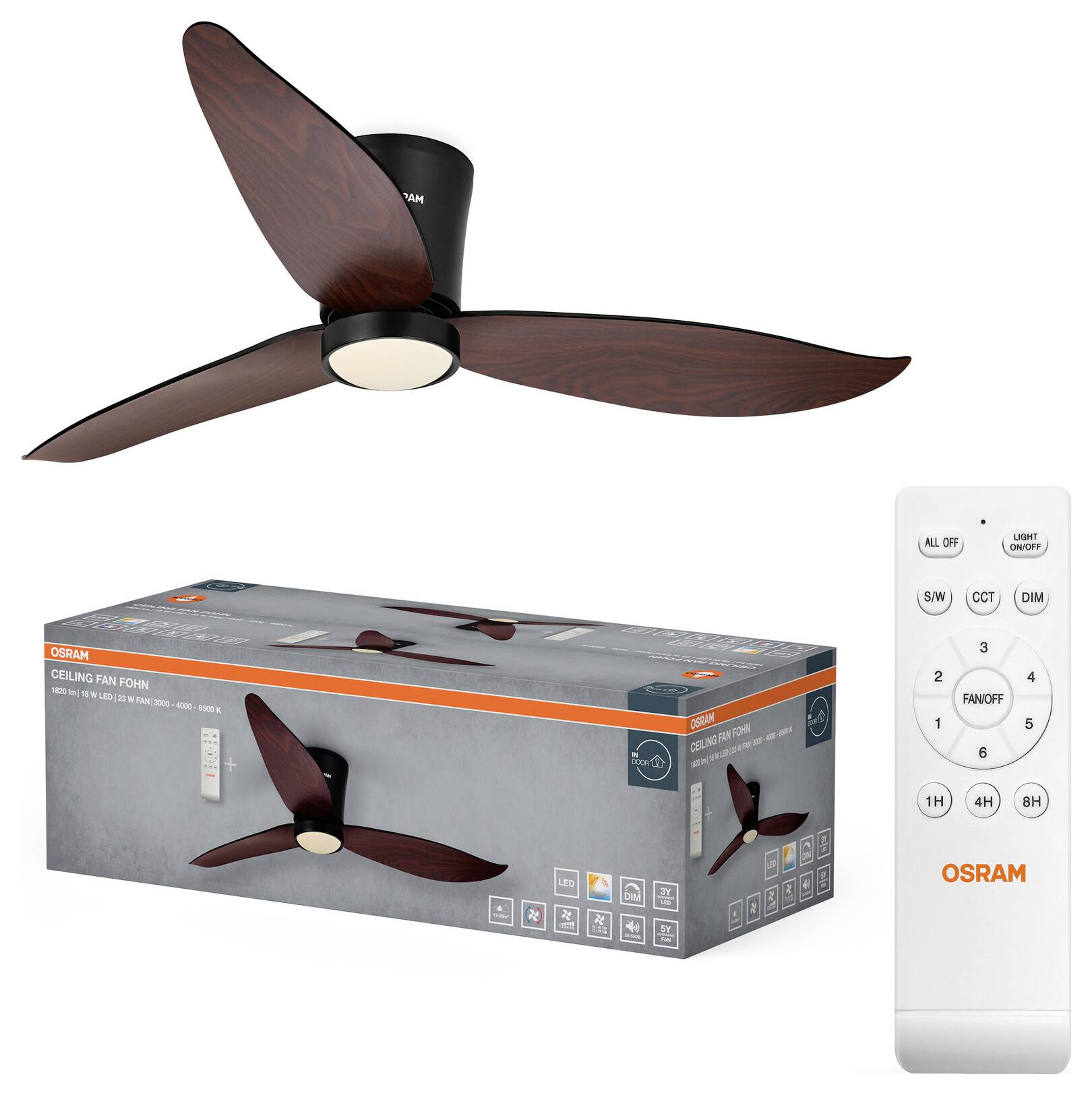 Deckenventilator mit drei dunkelholzfarbenen Blättern, seine Einzelhandelverpackung und eine weiße OSRAM-Fernbedienung.