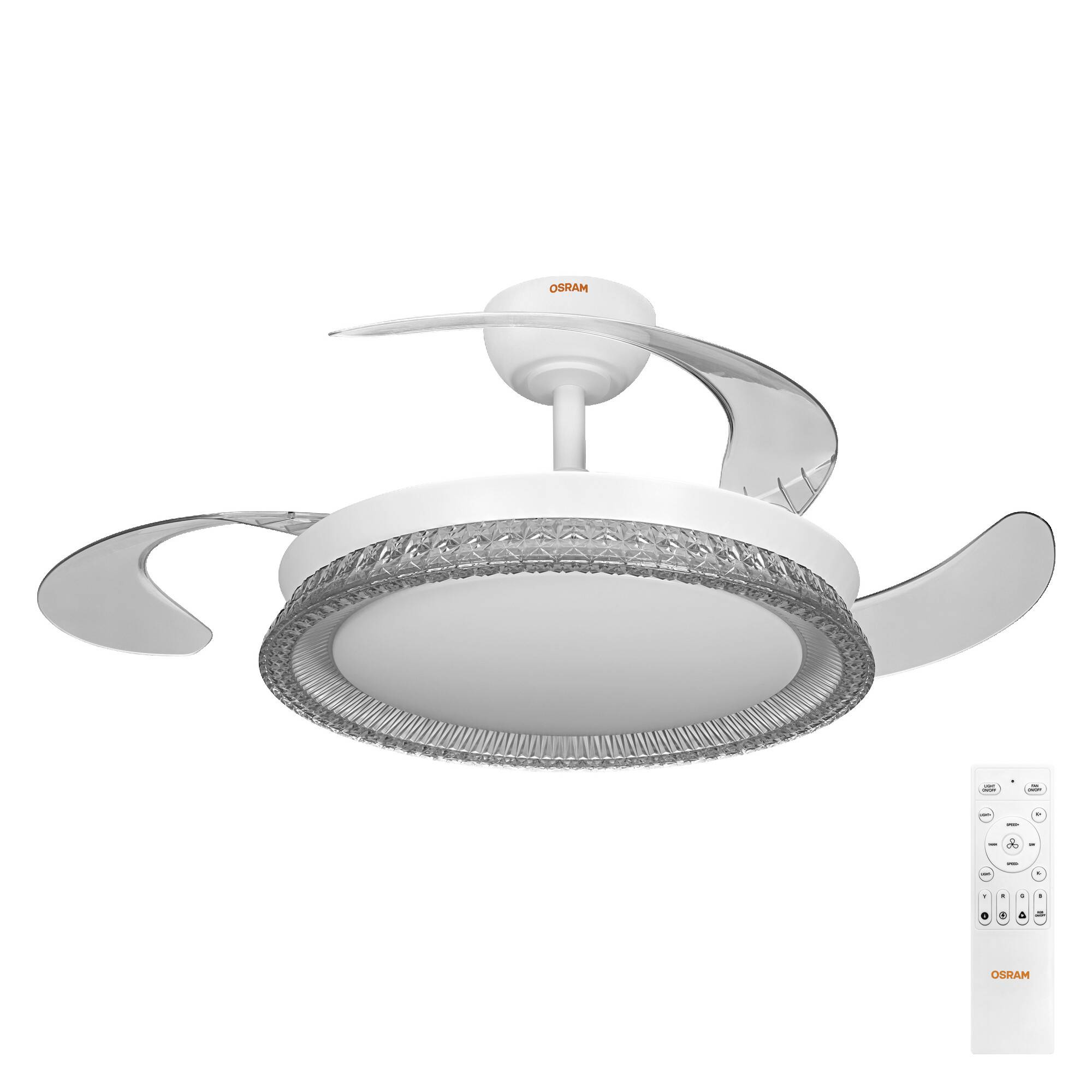 Weißer Deckenventilator mit geschwungenen silbernen Blättern und einer runden dekorativen LED-Leuchte, dargestellt mit einer Fernbedienung.