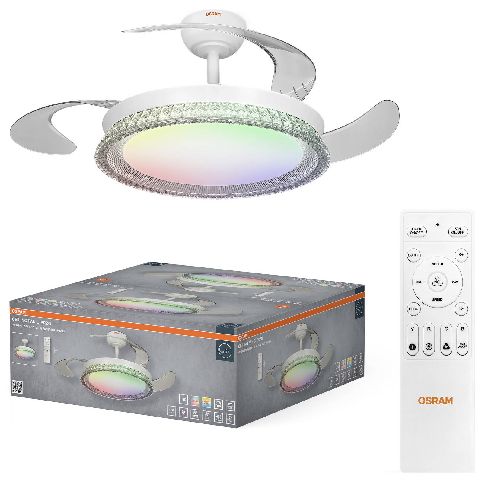 OSRAM-Deckenventilator mit farbwechselndem LED-Ring, Verpackung mit Karton wie unten gezeigt, und eine Fernbedienung zum Einstellen von Licht- und Ventilatoreinstellungen.