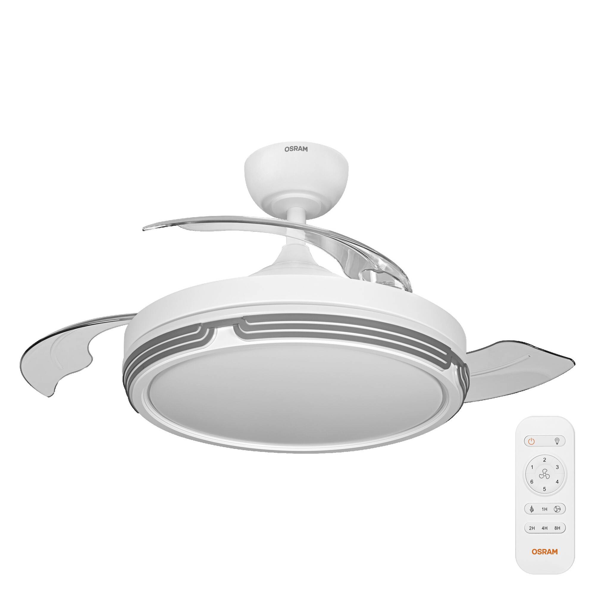 Weißer OSRAM-Deckenventilator mit integrierter Beleuchtung und gebogenen Rotorblättern, abgebildet mit einer passenden Fernbedienung.
