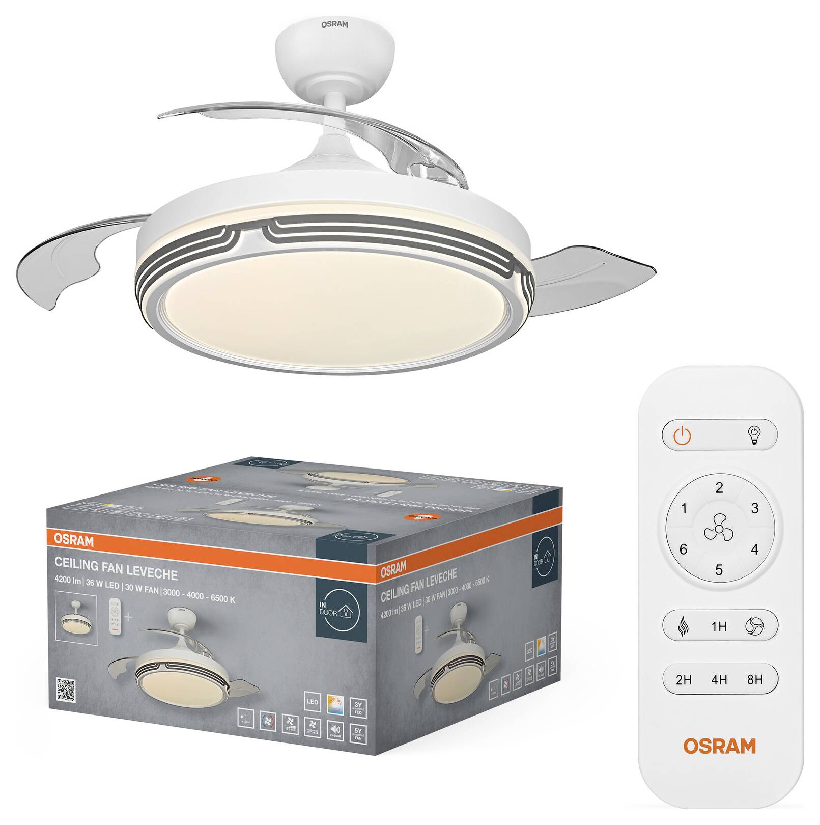 OSRAM Deckenventilator LED-Leuchte mit Fernbedienung und Produktverpackung auf weißem Hintergrund.
