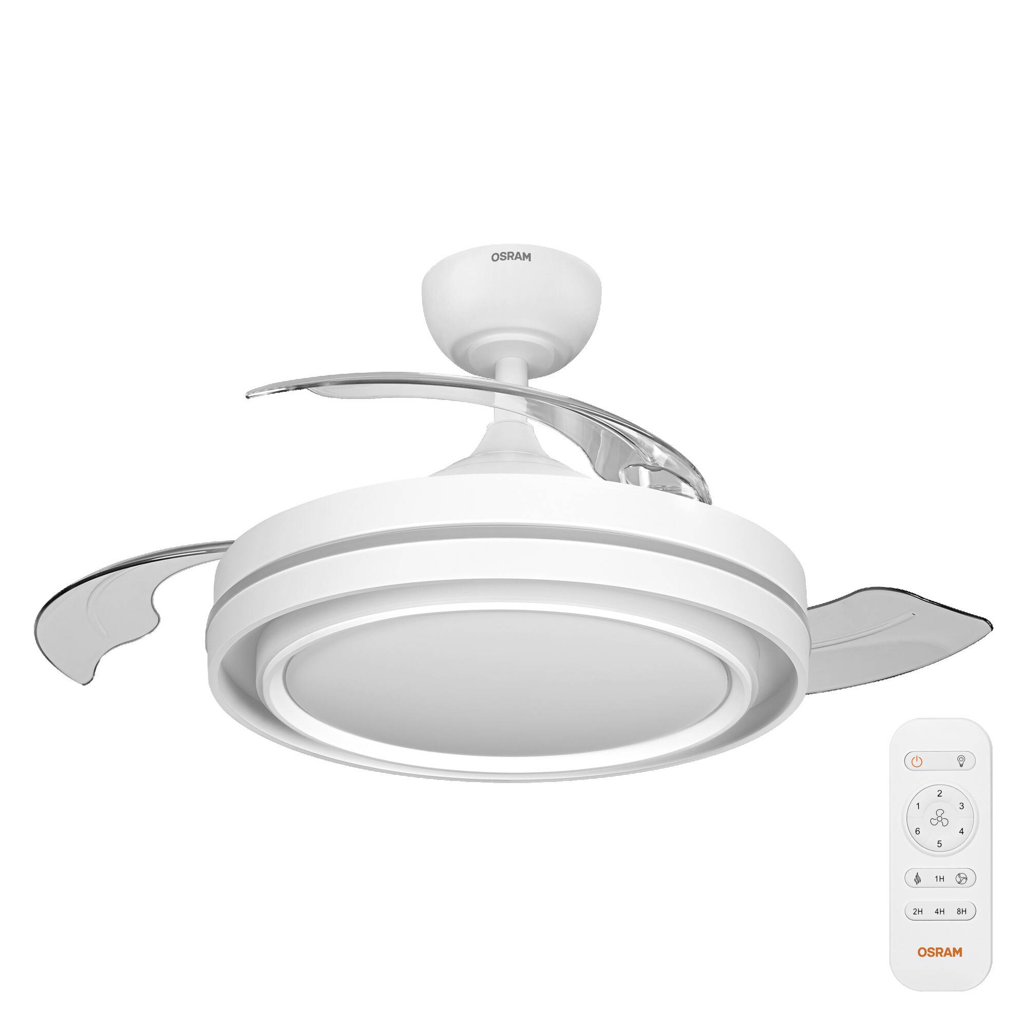 Weiße OSRAM-Deckenventilator-Leuchte mit drei gebogenen Blättern und einer runden LED-Lampe, gezeigt mit einer tragbaren Fernbedienung.