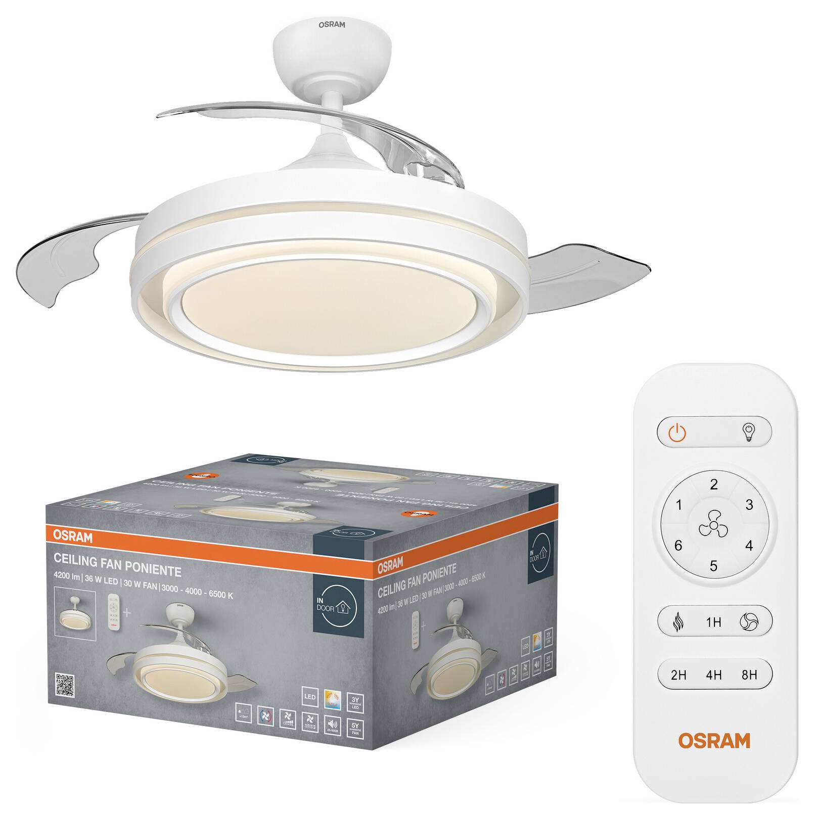 OSRAM Deckenventilator mit Leuchte, dargestellt mit Verpackung und Fernbedienung, mit Hervorhebung einer weißen modernen Deckenleuchte mit integrierten Ventilatorblättern und dimmbaren Lichteinstellungen.