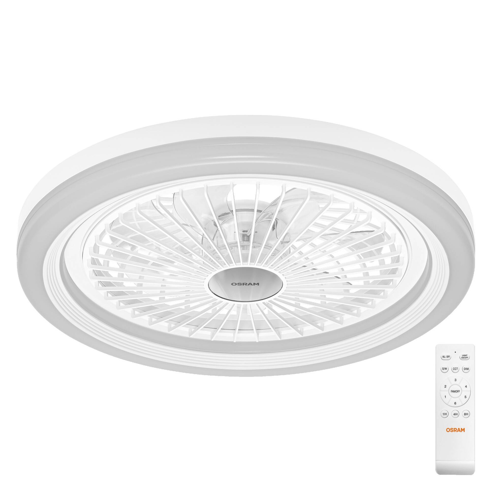 Weißer runder Deckenventilator mit integrierter Leuchte und einer wandgestalteten Fernbedienung auf einfachem weißem Hintergrund.