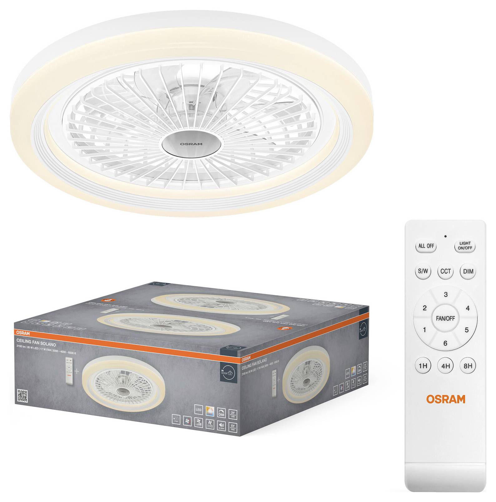Produktabbildung einer Deckenleuchte mit integriertem LED-Ring, Verpackungsbox und Fernbedienung mit Tasten für Lüftergeschwindigkeit, Licht, Farbtemperatur, Helligkeit und Timer.