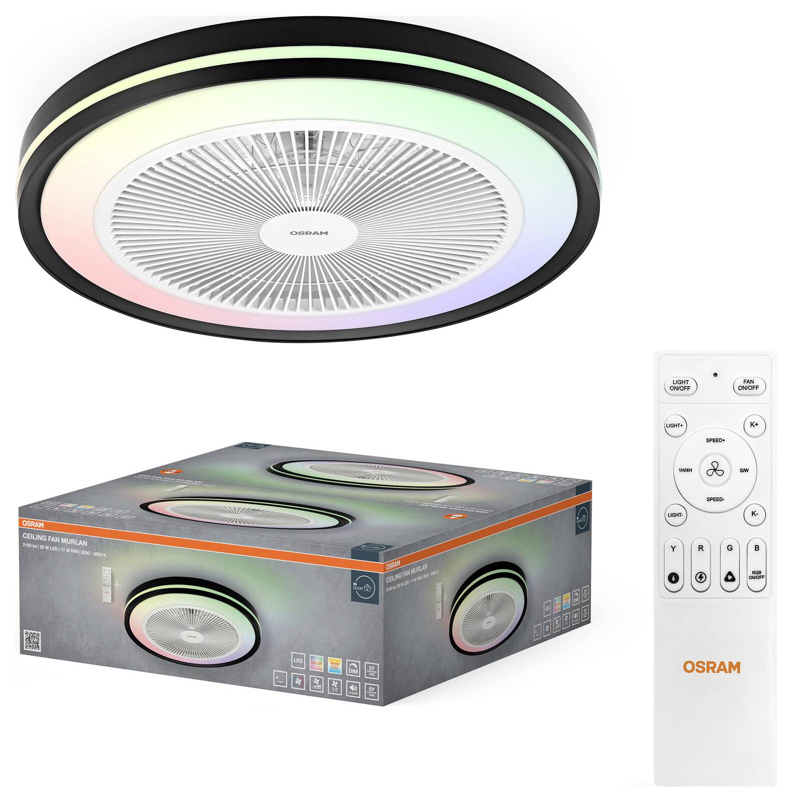 Eine OSRAM-Rundleuchte für die Decke mit LED-Regenbogenring und Fernbedienung, gezeigt in der Verpackung.